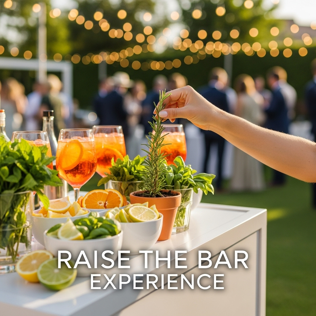 A guest's hand selecting a fresh rosemary garnish from a mobile Aperol Spritz bar at an event, illustrating one of 15 creative mobile bar ideas for an unforgettable guest experience.