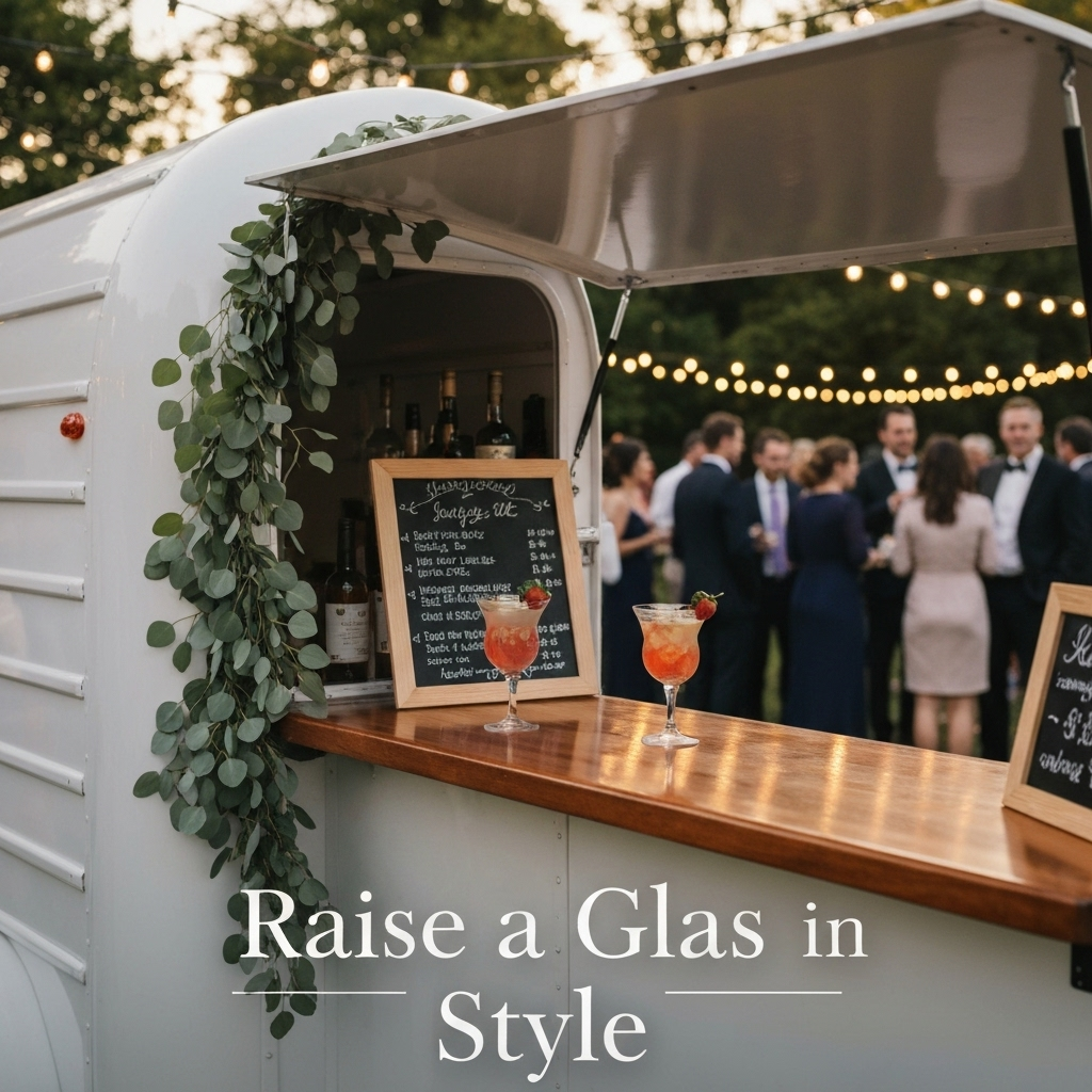 An elegant white mobile bar at an outdoor wedding reception, decorated with a eucalyptus garland. The image illustrates unforgettable mobile bar themes for a wedding.