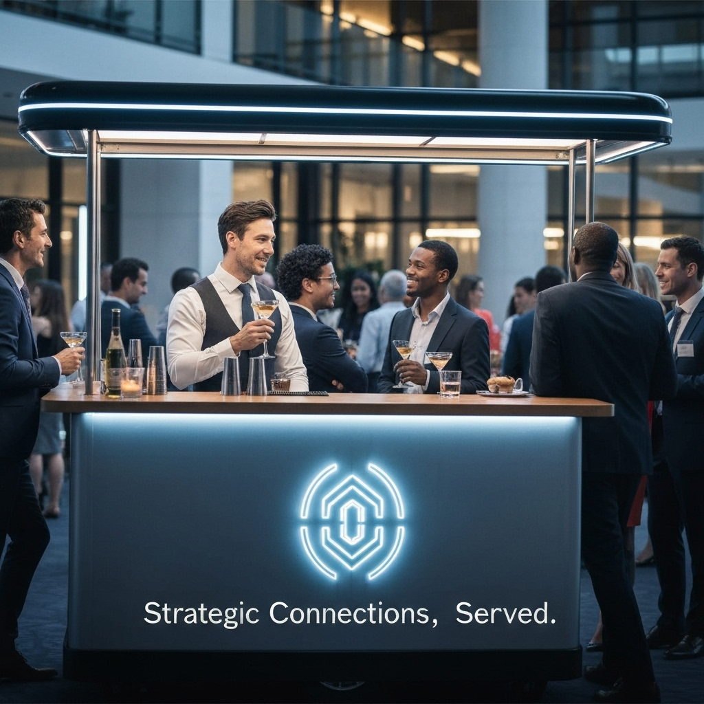 A professional mobile bar at a corporate event serves as a strategic networking hub for attendees. The image illustrates the article