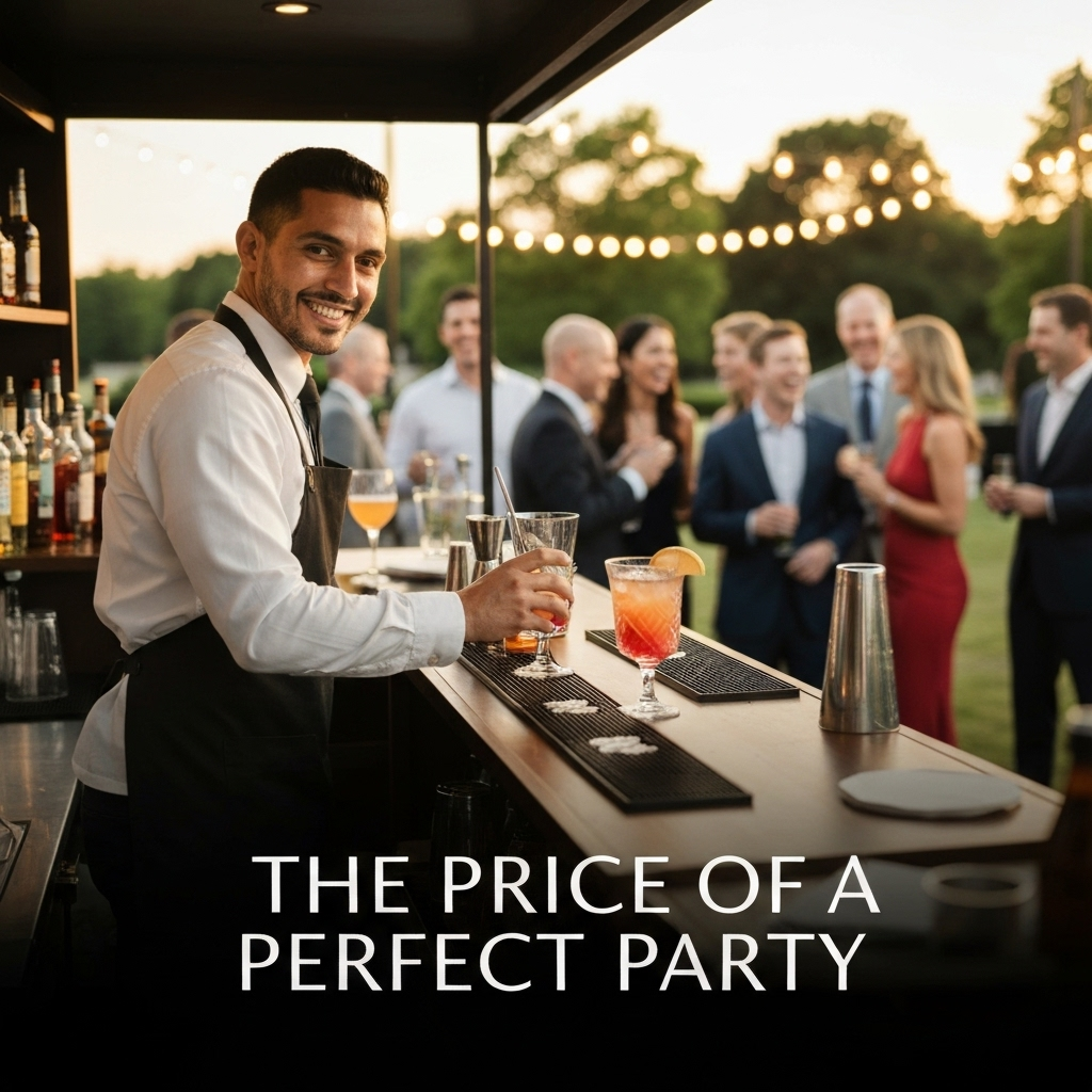 A professional bartender smiles while making a cocktail at a stylish mobile bar during an evening event, illustrating the mobile bar rental cost in Indianapolis for the 2024 pricing guide.