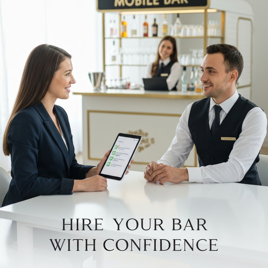A client reviews a checklist with a professional from a mobile bar service, illustrating the article 'The Ultimate Checklist: 12 Critical Questions to Ask Before Hiring a Mobile Bar.'